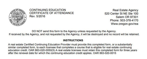 OREGON Non WRE - CE Certificate Reissuance