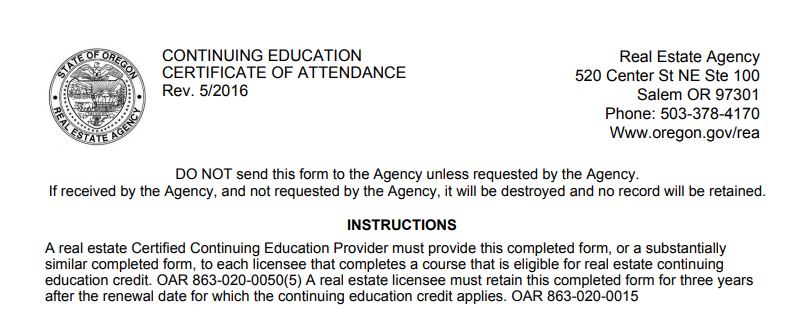 OREGON Non WRE - CE Certificate Reissuance